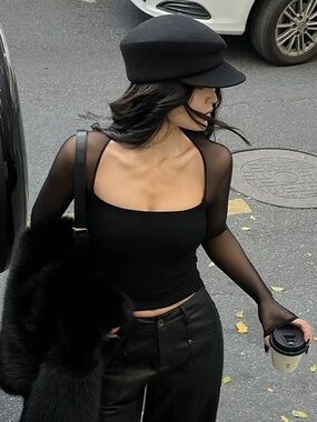 Commense Black Square Neck Sheer-Sleeve Tank